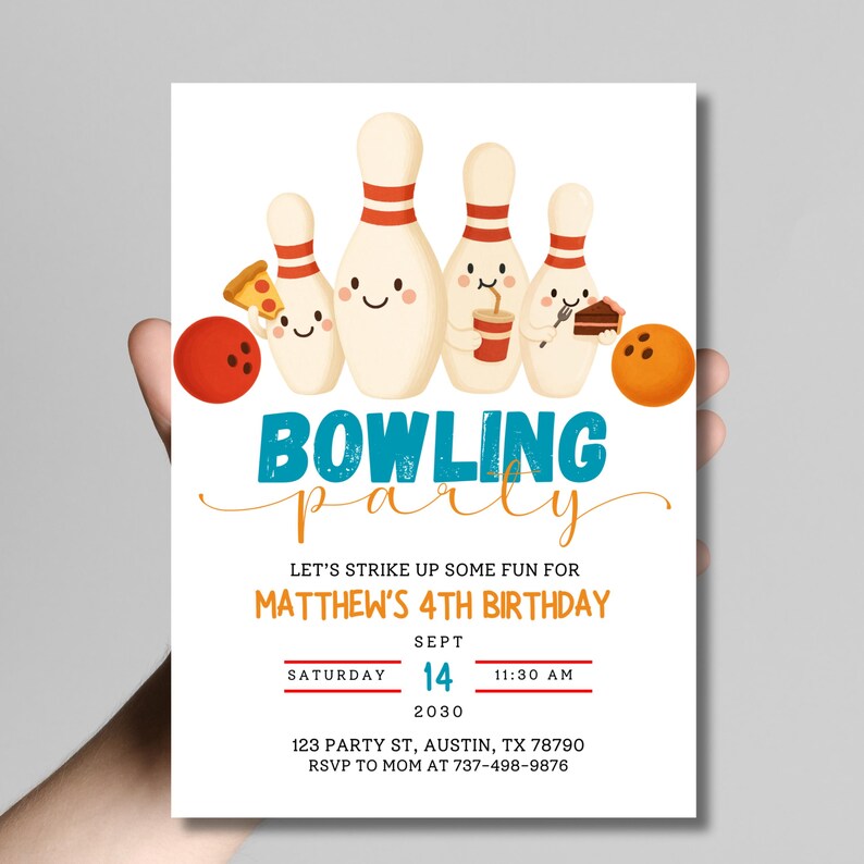 May include: White invitation with a bowling theme. The text "BOWLING party" is in teal and gold script. The invitation includes bowling pins with smiling faces, a bowling ball, and pizza. It reads "LET'S STRIKE UP SOME FUN FOR MATTHEW'S 4TH BIRTHDAY".