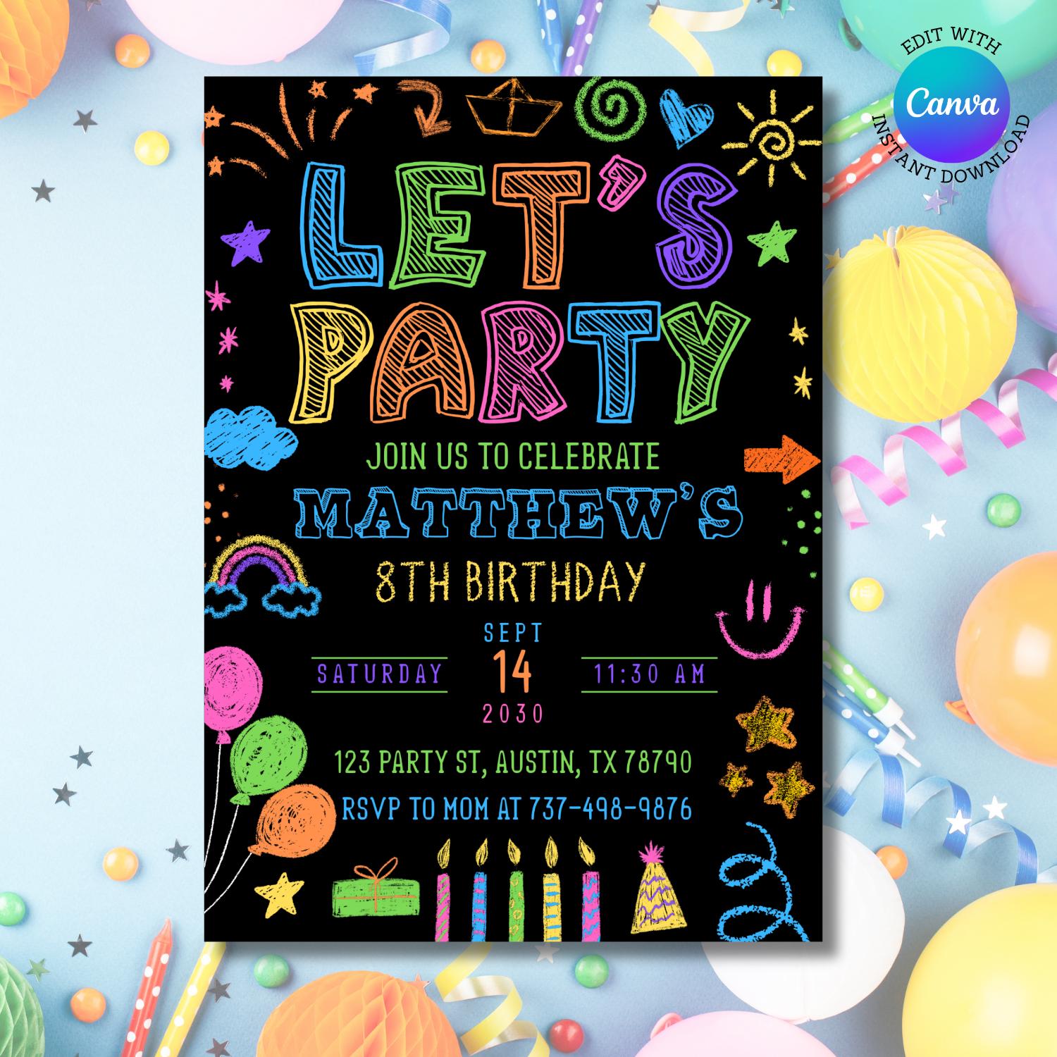Chalkboard Neon Birthday Invitation | Editable Kids Party Invite