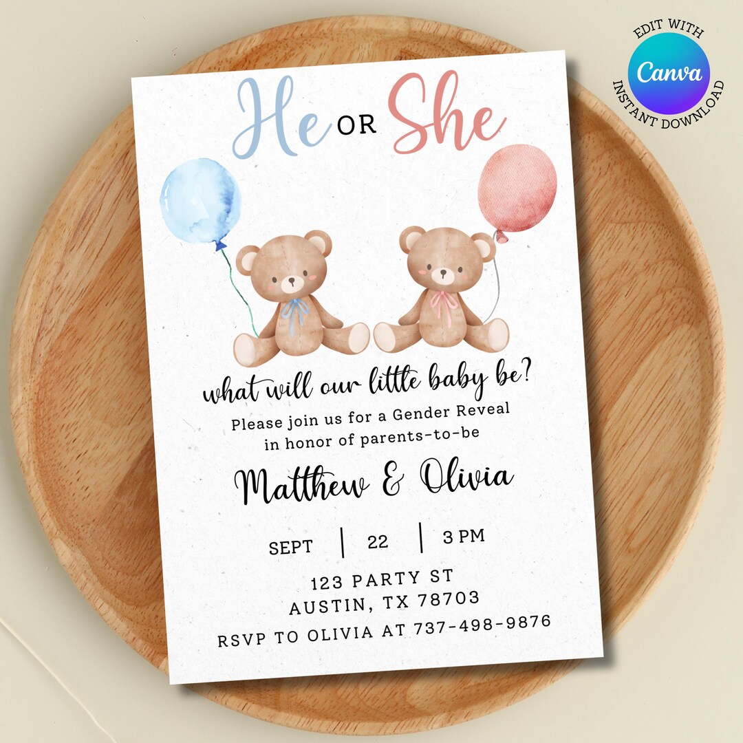 Teddy Bear Gender Reveal Invitation | He or She Baby Shower | Editable ...