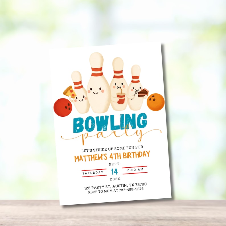 May include: A white invitation card with a bowling theme. The card features cartoon bowling pins, a bowling ball, and the text "Bowling Party." It includes details for Matthew's 4th birthday, with the date, time, and location.