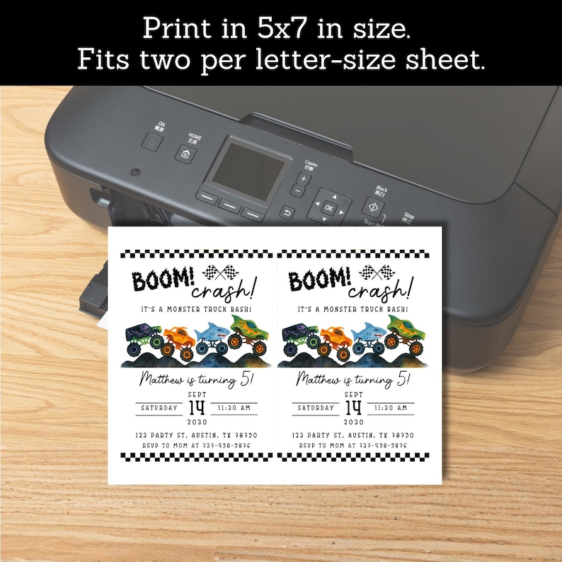Monster Truck Birthday Invitation | Editable Canva Template | Boys 2nd Birthday Invite | Monster Jam Party | Watercolor Trucks Theme image 5