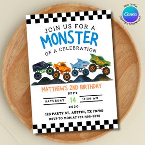 Verjaardagsuitnodiging Monster Truck | Bewerkbare canvassjabloon | Uitnodiging 2e verjaardag jongens | Monsterjamparty | Thema Aquarel vrachtwagens