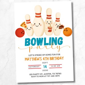 May include: Bowling party invitation with cartoon bowling pins, a red bowling ball, and the text "BOWLING party". The invitation includes details for Matthew's 4th birthday, including the date, time, and location.