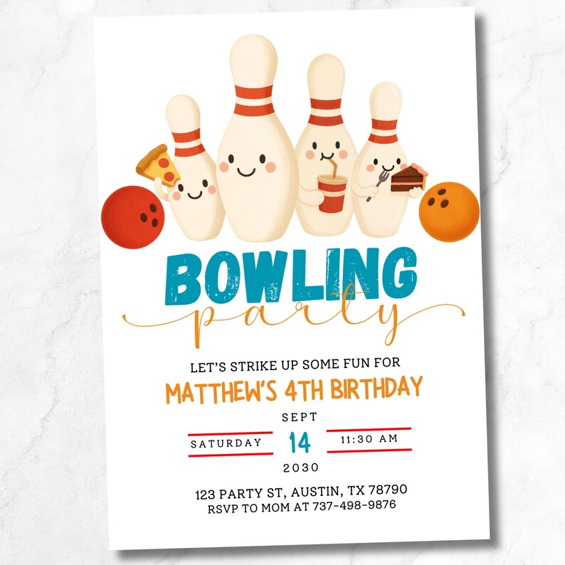May include: Bowling party invitation with cartoon bowling pins, a red bowling ball, and the text "BOWLING party". The invitation includes details for Matthew's 4th birthday, including the date, time, and location.