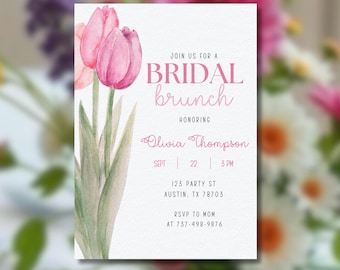Tulip Bridal Brunch Invitation: Editable Pink Floral Template (Canva, Instant Download)
