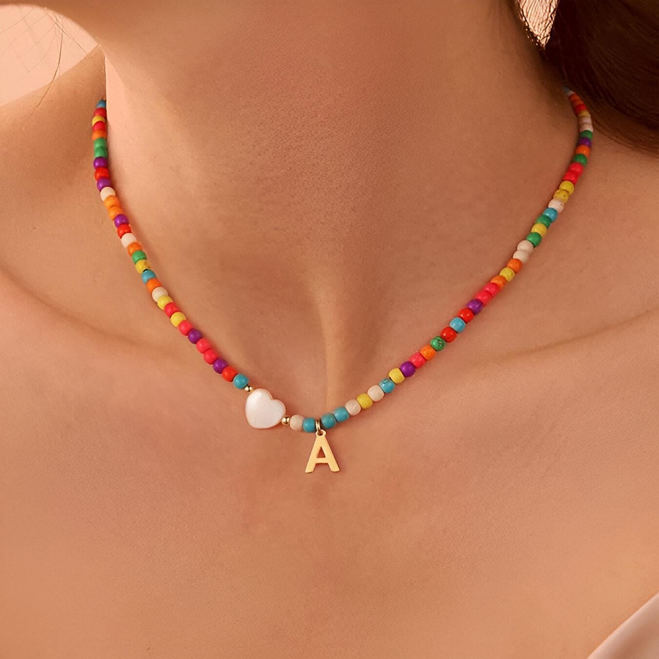 Personalized Initial Beaded Necklace: 18k Gold Plated Charm, Turquoise