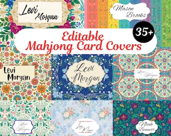 May include: A collection of editable Mahjong card covers featuring diverse floral and geometric patterns in vibrant colors. Each design includes a customizable name label with text such as Levi Morgan, Mason Brooks, or Noah Bennett. The set includes 35+ options.