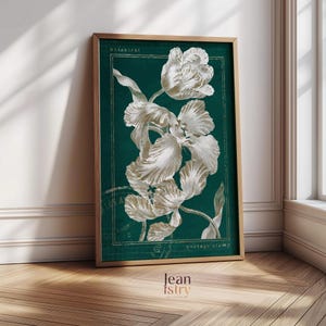 Cartão postal com selo floral vintage, impressão de arte botânica verde-esmeralda, decoração de casa em estilo antigo