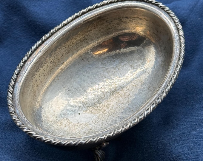 Antique Sterling Silver Oval Dish – English .925 Silver Bowl with Paw Feet – Hammered Decorative Trinket or Salt Dish, 1900s