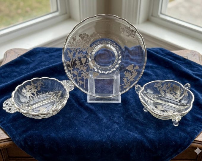 3pc Vintage Silver Overlay Glass Set | Poppy Flower Motif | Divided Relish Dishes & Round Platter | Art Deco Mid-Century Tableware Gift