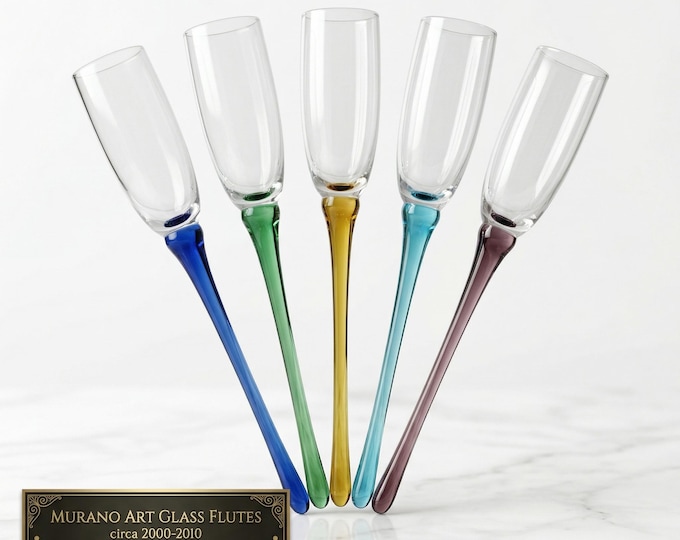 Set 5 Murano Glass Champagne Flutes 2000s, Long Stem Colorful Glasses Santa Chiara Glassworks, Blown Glass Italian Design, Modern Barware