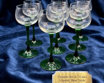 Set of 6 Vintage French Wine Glasses, Clear Crystal Bowl with Emerald Green Twisted Stem, Signed France, Mid-Century Modern Barware Set of 6