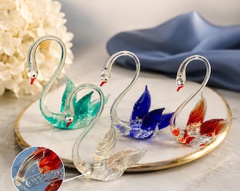 Set of 4 Authentic Murano Glass Swan Figurines Stamped Italy, Handblown Venetian Art Glass Miniature Sommerso Swan Vintage Collectible