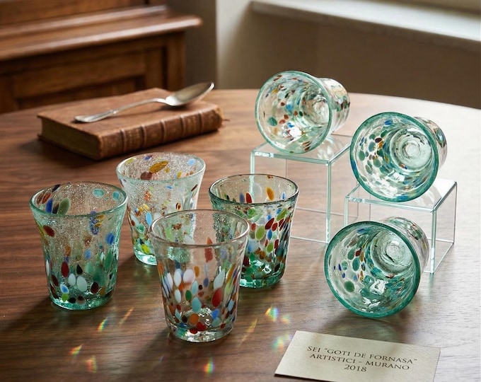 Set of 6 Murano Glass Tumblers, Handblown Italian Drinking Glasses, Venetian Macie Art Glass, Green Aquamarine Water Set, Made in Italy 2018