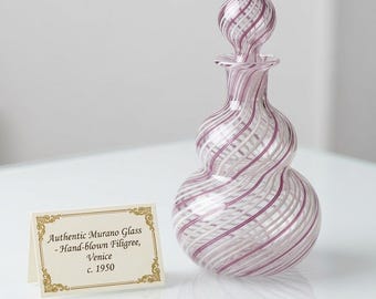 Murano Glass Perfume Bottle Filigree White Amethyst | Vintage 50s 60s Handmade Venice | Art Glass Collection Luxury Gift | Mid Century Decor