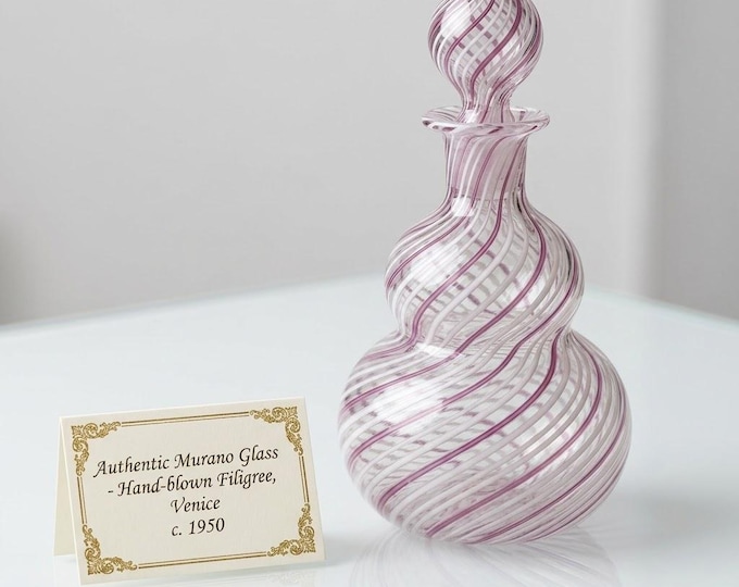 Murano Glass Perfume Bottle Filigree White Amethyst | Vintage 50s 60s Handmade Venice | Art Glass Collection Luxury Gift | Mid Century Decor