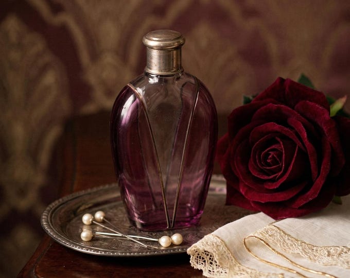 Antique Iridescent Purple Glass and Silver Perfume Bottle - Gold Filigree Design - Europe, Early 20th Century - Rare Collectible Item