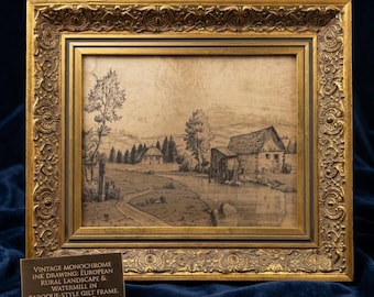 Antique European Watermill Landscape Gilt Baroque Frame - FREE SHIPPING