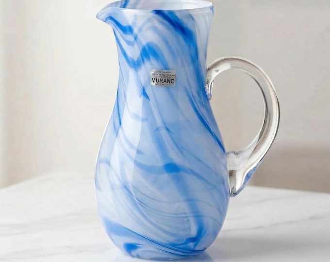 New Murano Style Blue White Swirl Glass Pitcher - Handblown Italian Art Glass Carafe - Made in Italy