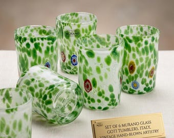 Set of 6 Murano Glass Goti de Fornasa Green Tumblers, Hand-Blown Venetian Art Glass, Colorful Murrine, Italian Table Design, Vintage Gift