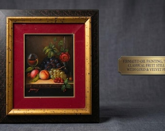 Original Still Life Oil Painting Signed Parrey Vintage Italian Art Framed Grapes and Peaches Fruit Wall Decor Classical Luxury Home Gallery