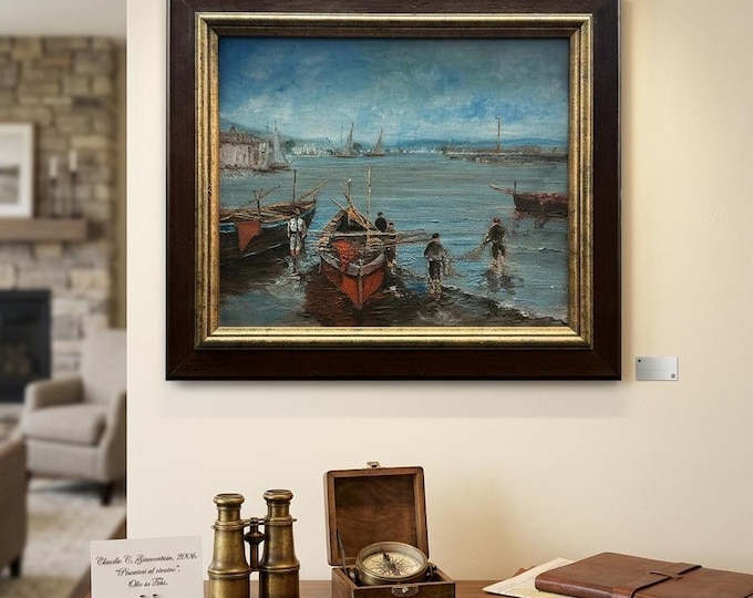 Claudio Giannattasio Original Oil Painting Italy Seascape Fishermen Marina Signed 2006 Framed Fine Art Mediterranean Landscape Made in Italy