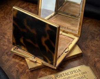Art Deco Faux Tortoiseshell Powder Compact, Vintage Gold Tone Makeup Vanity Case Mirror, Mid Century Compact Box Antique Beauty Gift for Her