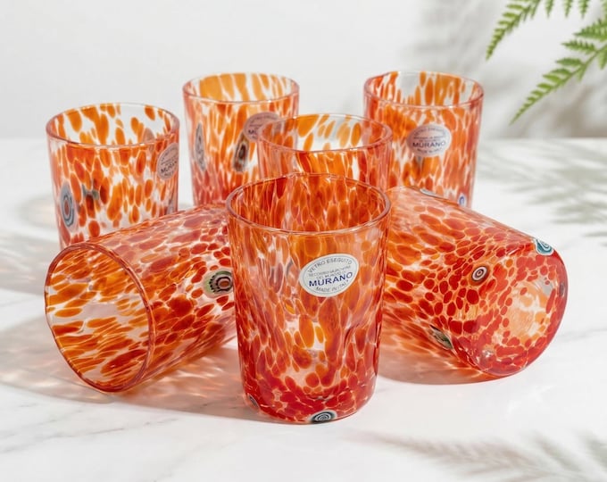 Set 6 New Old Stock Murano Glass Tumblers Orange Goto Millefiori Murrine Early 2000s Handblown Artistic Drinking Glasses Made in Italy Rare