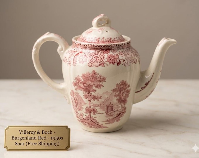 Vintage Villeroy Boch Burgenland Red Teapot 1950s Saar Germany, Pink Transferware Ceramic, Rare Antique Tea Service, Shabby Chic Decor Gift