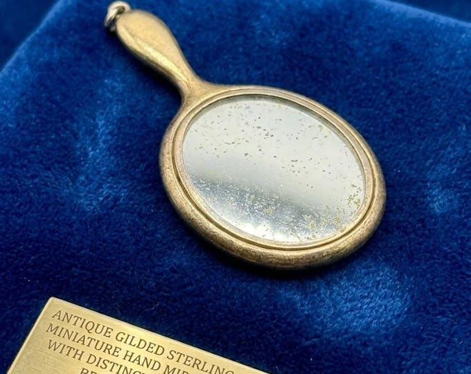 Antique Sterling Silver Gilded Mirror Pendant Charm, Victorian Style Miniature Hand Mirror, Hallmarked 925 Silver Gold Wash, Collector Gift