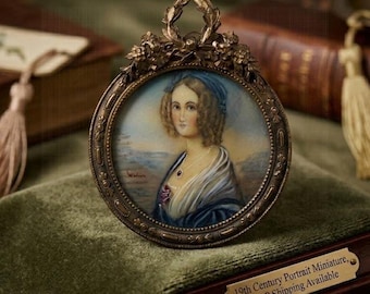 Antique 19th Century Lady Portrait Miniature | Hand-Painted Art in Ornate Bronze Frame | Unique Vintage Desk Decor | Collectible Art Piece