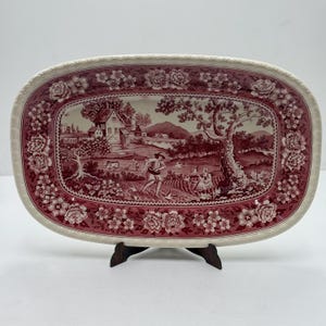 Bandeja de servir Villeroy & Boch Rusticana roja | Bandeja rectangular vintage de loza estampada color burdeos | Cerámica Mettlach de Alemania | Decoración rústica