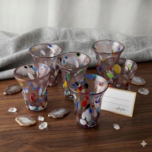 Set of 6 Murano Style Glasses, Handblown Venetian Macchia Tumblers with Colorful Millefiori Murrine, Artistic Italian Glassware, Gift Idea