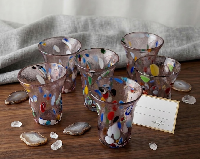 Set of 6 Murano Style Glasses, Handblown Venetian Macchia Tumblers with Colorful Millefiori Murrine, Artistic Italian Glassware, Gift Idea
