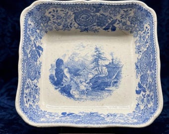 Antique Villeroy & Boch Burgenland Blue Square Bowl, Vintage V.B.M. Germany Ceramic, Decorative Serving Tray, European Collectible Dish