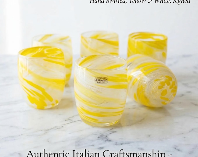 Set of 6 Authentic Murano Glass Tumblers Yellow and White Swirl Hand Blown in Italy New Unused Venetian Art Glass Drinking Set Luxury Gift