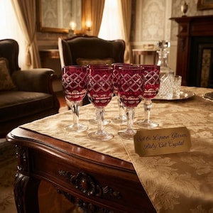 Può includere: Un set di sei bicchieri da liquore in cristallo tagliato rosso rubino con un motivo a rombi sulle coppe e steli trasparenti. Un piccolo cartello dorato sul tavolo recita: Set 6x Liqueur Glasses, Ruby Cut Crystal. È presente un decantatore.