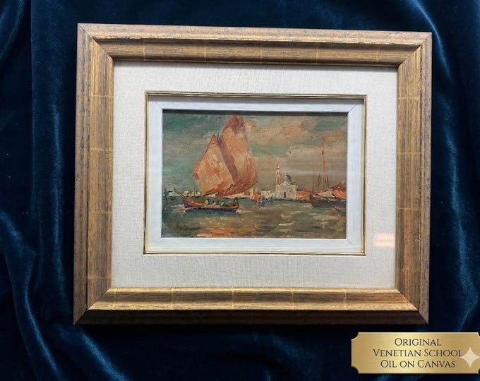 Antique Venice Oil Painting Lagoon View with Traditional Sailing Boats, Italian Impressionist Fine Art, Framed Canvas, Authentic Italy Decor