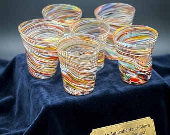 Set of 6 Authentic Murano Glass Tumblers Handblown in Italy, Colorful Venetian Drinking Glasses Goti de Fornasa, Unique Italian Art Glass