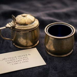 Antique 1919 Sterling Silver Mustard  Salt Cellars, Birmingham Hallmarked Levi & Salaman, Original Cobalt Blue Glass Liners, Tableware