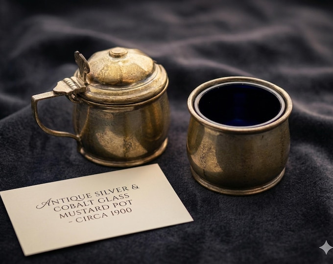 Antique 1919 Sterling Silver Mustard Salt Cellars, Birmingham Hallmarked Levi & Salaman, Original Cobalt Blue Glass Liners, Tableware