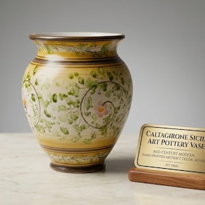 Può includere: Vaso in ceramica artistica di Caltagirone, Sicilia, dipinto a mano, con motivi floreali e foglie verdi e rosa. Il vaso è di colore giallo e marrone. Una targa dorata su base di legno è visibile.