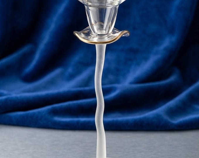 Vintage Murano Glass Candlestick with 24K Gold Leaf, Frosted Ice Stem & Rippled Tulip Bowl, Hand-Blown Italian Art Glass, Muranese Art