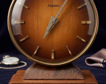 Vintage Dugena Kienzle 8 Days 5 Rubis Desk Clock, Mid-Century Modern Wood & Brass, Made in Germany, Mechanical Wind-up, Tested, Working