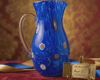Murano Glass Pitcher Cobalt Blue Handblown Murrine Millefiori & White Filigree, Venetian Art Glass Carafe, Luxury Made in Italy Gift Idea