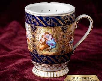 Meissen Style Dresden Porcelain Tea Infuser Mug Cobalt Blue Gold Hand Painted Courting Scene Cup Luxury Loose Leaf Tea Strainer Gift Vintage