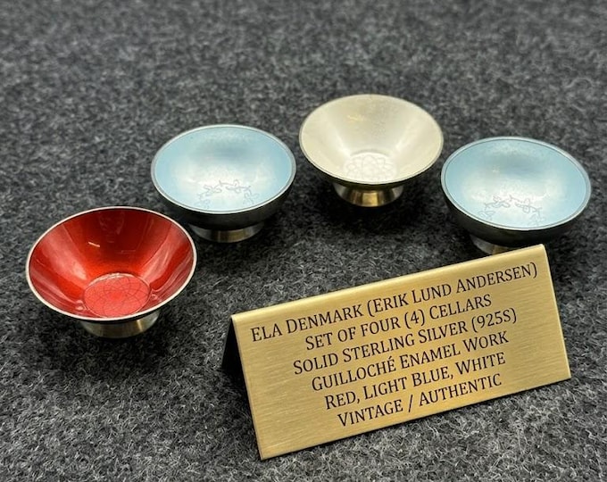 Vintage ELA Denmark Sterling Silver 925 Guilloche Enamel Salt Cellars Set of 4, Mid Century Danish Modern Open Salts, Pastel Nut Dish Set