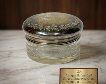 Antique Silver Powder Jar, Hallmarked Silver Vanity Box, Cut Glass Trinket Dresser Pot, Vintage Dressing Table Ornaments, Sterling Gift
