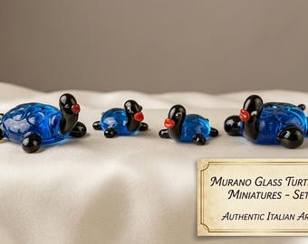 Set of 4 Murano Glass Turtle Miniatures - Hand-blown Italian Art Glass Animal Figurines - Unique Collectible Decor Made in Venice Italy Gift