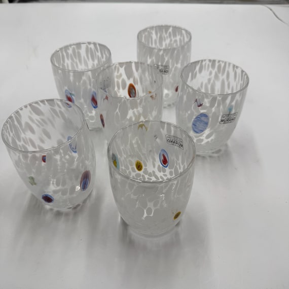 Murano glass set of 6 “barrel” glasses, crystal white color